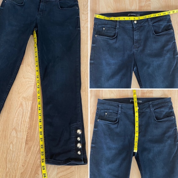 Zara Trafaluc Black Cropped Skinny Jeans Gold Bobble Button Ankle Embellished - Picture 14 of 16